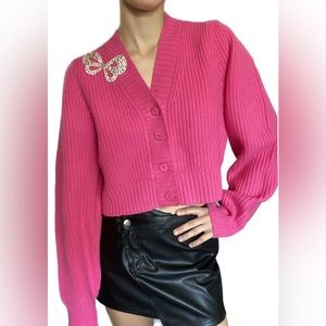 Love Shack Fancy Pink Cardigan with Gold Bow Patch